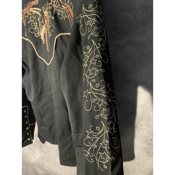 Scully Women's Western Pearl Snap Shirt Black Embroidered Horses Stars M - Picture 10 of 10